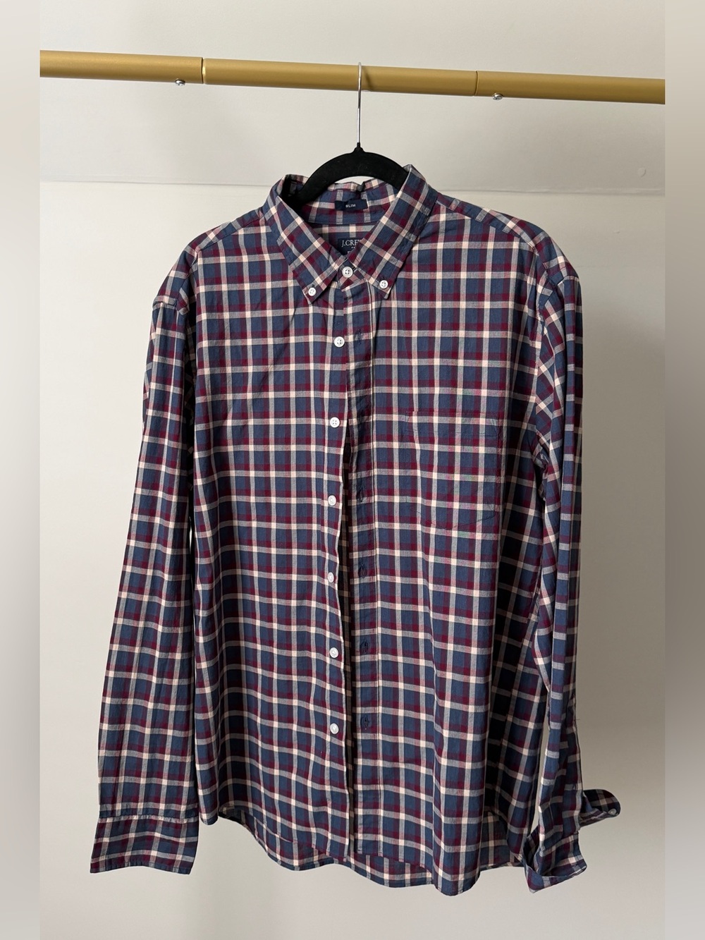 Men’s J. Crew Slim Flex Washed Button-Down Shirt in Navy Burgundy and White Sz L